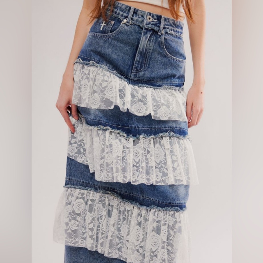 The Ragged Priest Babydoll Denim and Lace Layered Midi Skirt. Dark Dirty Wash.